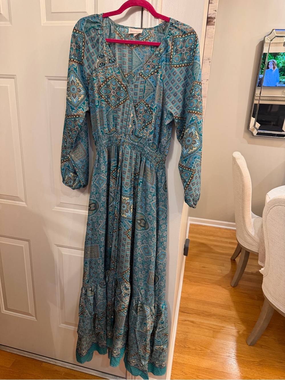 Bohemian Teal Patchwork Maxi Dress with Elastic Waist